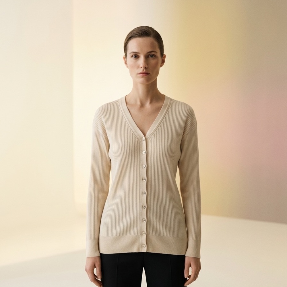 Jax Size XL 100% Silk Women’s Cream Ribbed V-Neck Button Cardigan Sweater